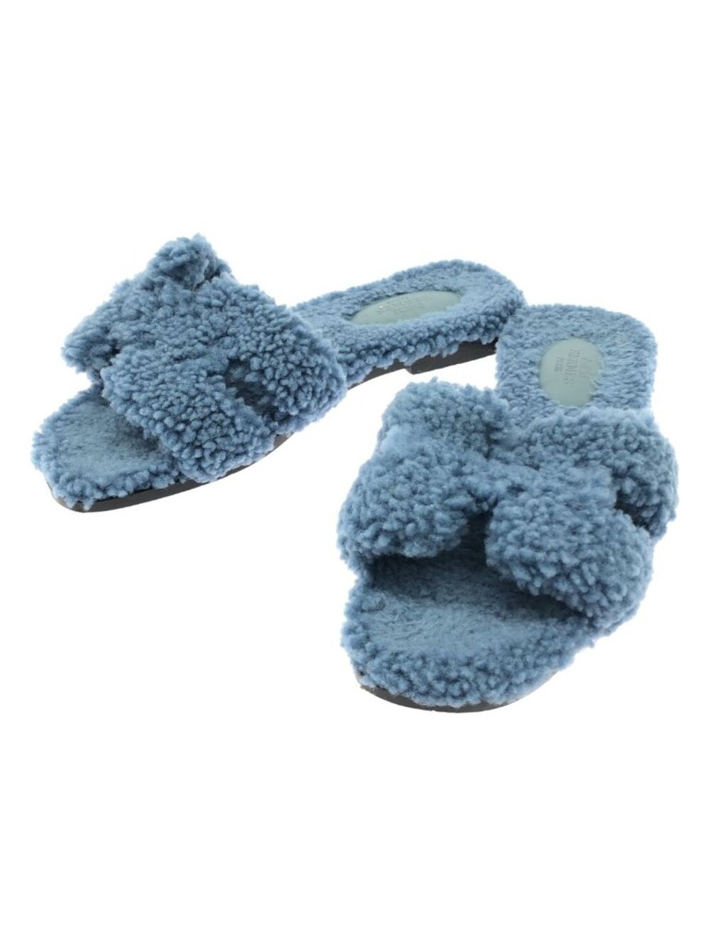 Hermes Oran Shearling Blue Sandals